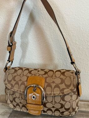Coach Khaki Signature Canvas Shoulder Bag with Tan Buckle